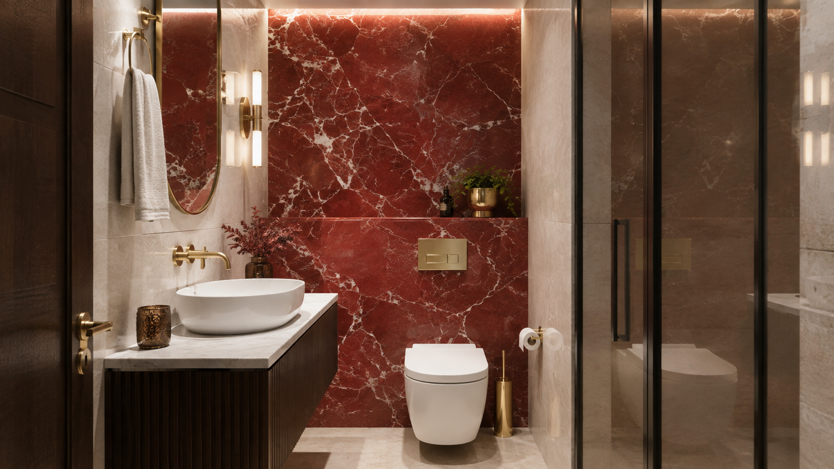 Compact small bathroom design elevated by a single red marble accent feature wall